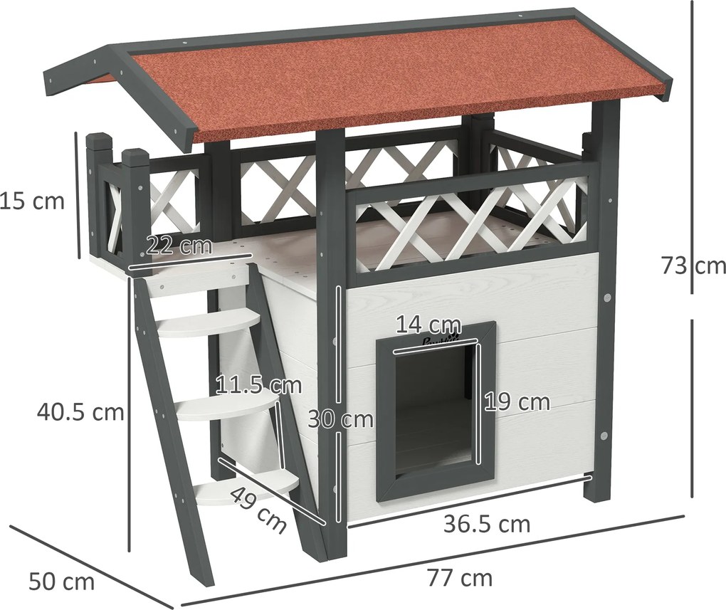 PawHut Căsuță pentru Pisici de Exterior cu Terasa și Scară, Adăpost pentru Pisici și Animale Mici din Lemn, 77x50x73 cm, Alb