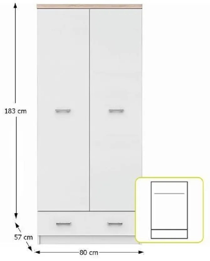 Dulap cu doua usi 2D1S, alb stejar sonoma, TOPTY