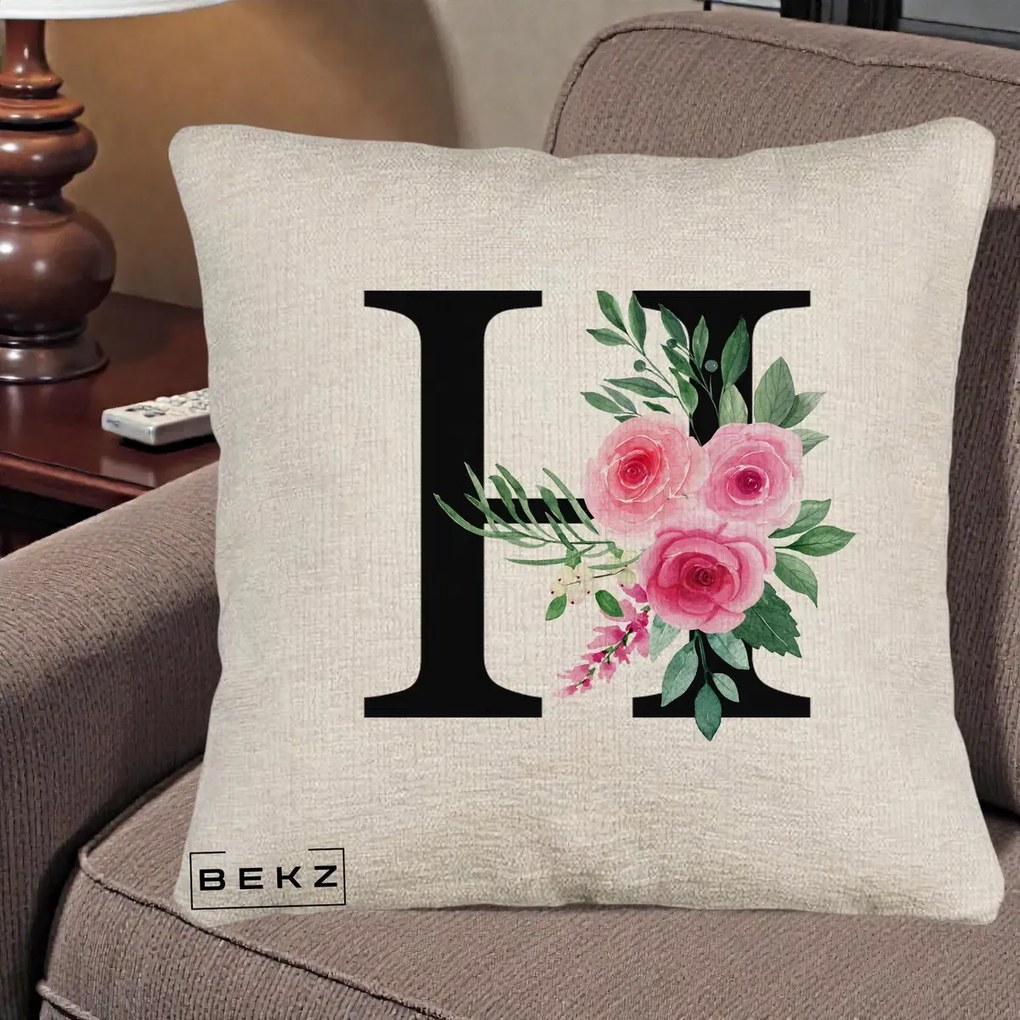 Cadou Personalizat - Perna Personalizata Monograma Florala Litera H cu Trandafiri Roz, 40x40 cm, Bej Canapea, Husa Detasabila, Perna Inclusa, BEKZ®