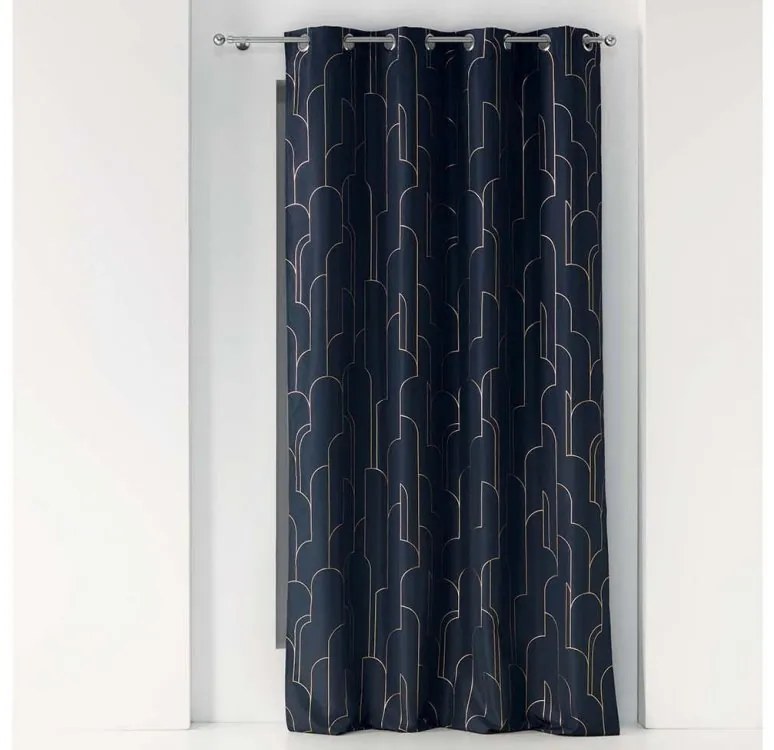 Draperie unică albastră închisă, pe suspensie circulară, cu model auriu 140 x 260 cm