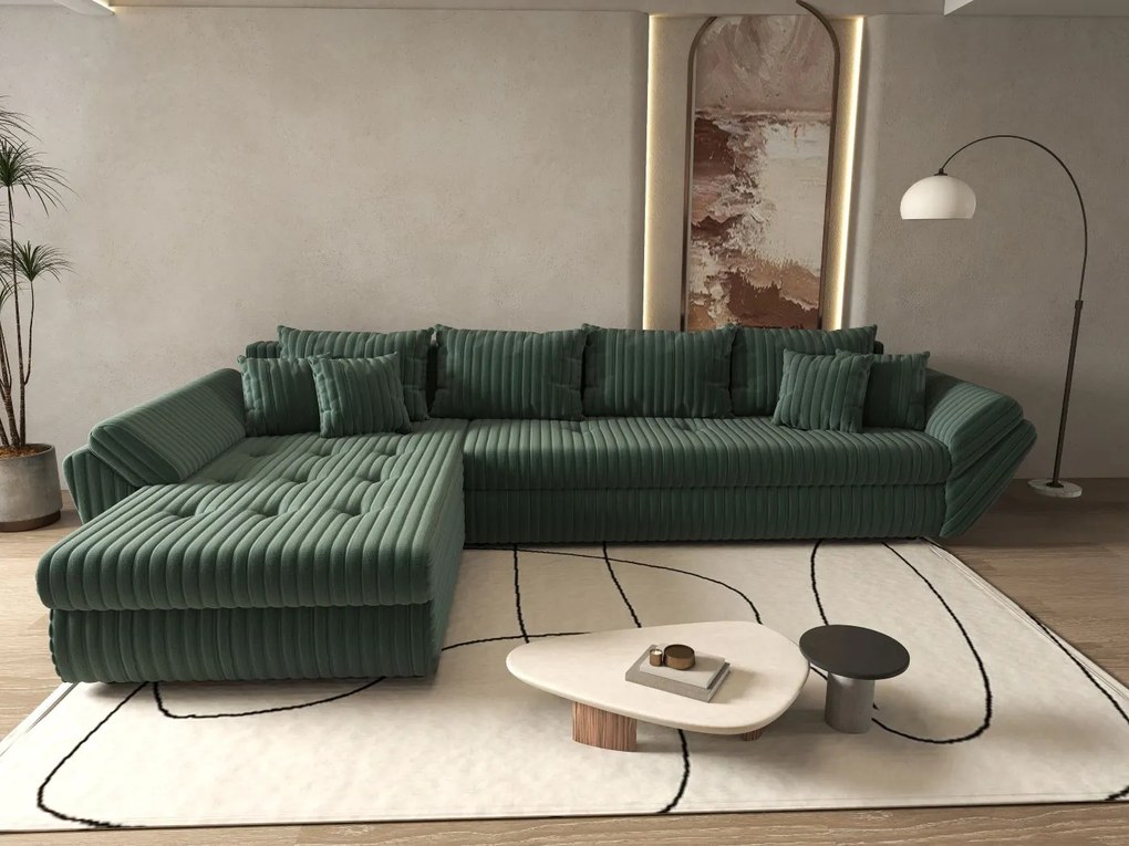 Colțar extensibil dumonde cu ladă de depozitare si sezut confortabil din spuma high-density, Loana XL Ambience Verde 335x185 cm