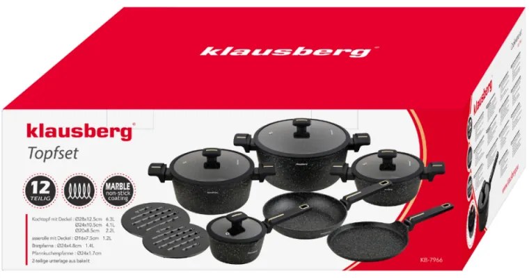 Set de oale și tigăi Klausberg KB 7966, 12 bucăți, Turnat, Acoperire antiaderentă din marmură, Inducție, Negru