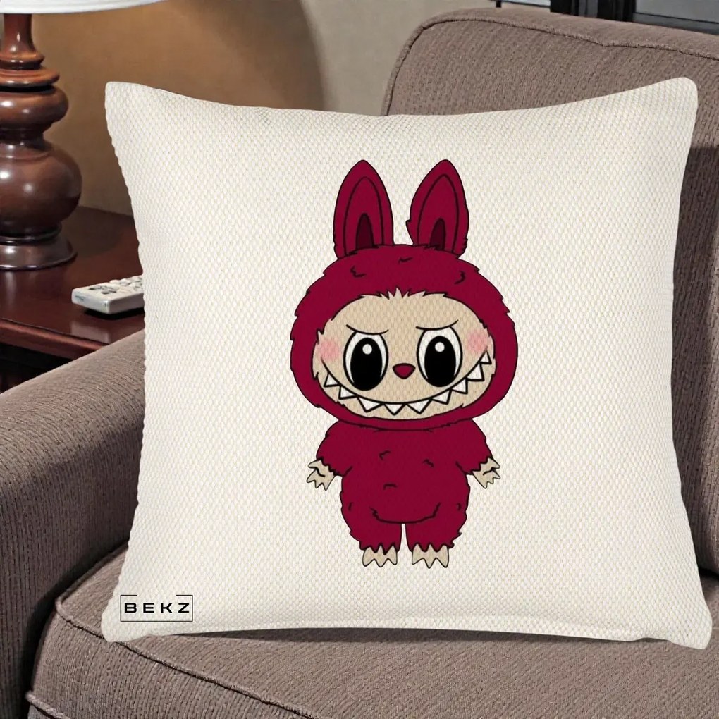Perna Personalizata Labubu Rosu-Visiniu Solo, 40x40 cm, Crem Reliefat, Husa Detasabila, Perna Inclusa, BEKZ®