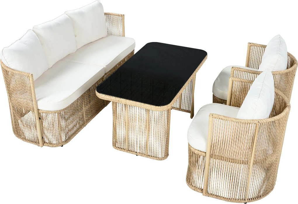 Set mobilier de grădină din PE‑rattan, 5 piese, canapea 3 locuri, 2 fotolii și masă cu blat din sticlă, Bej+Negru+Alb