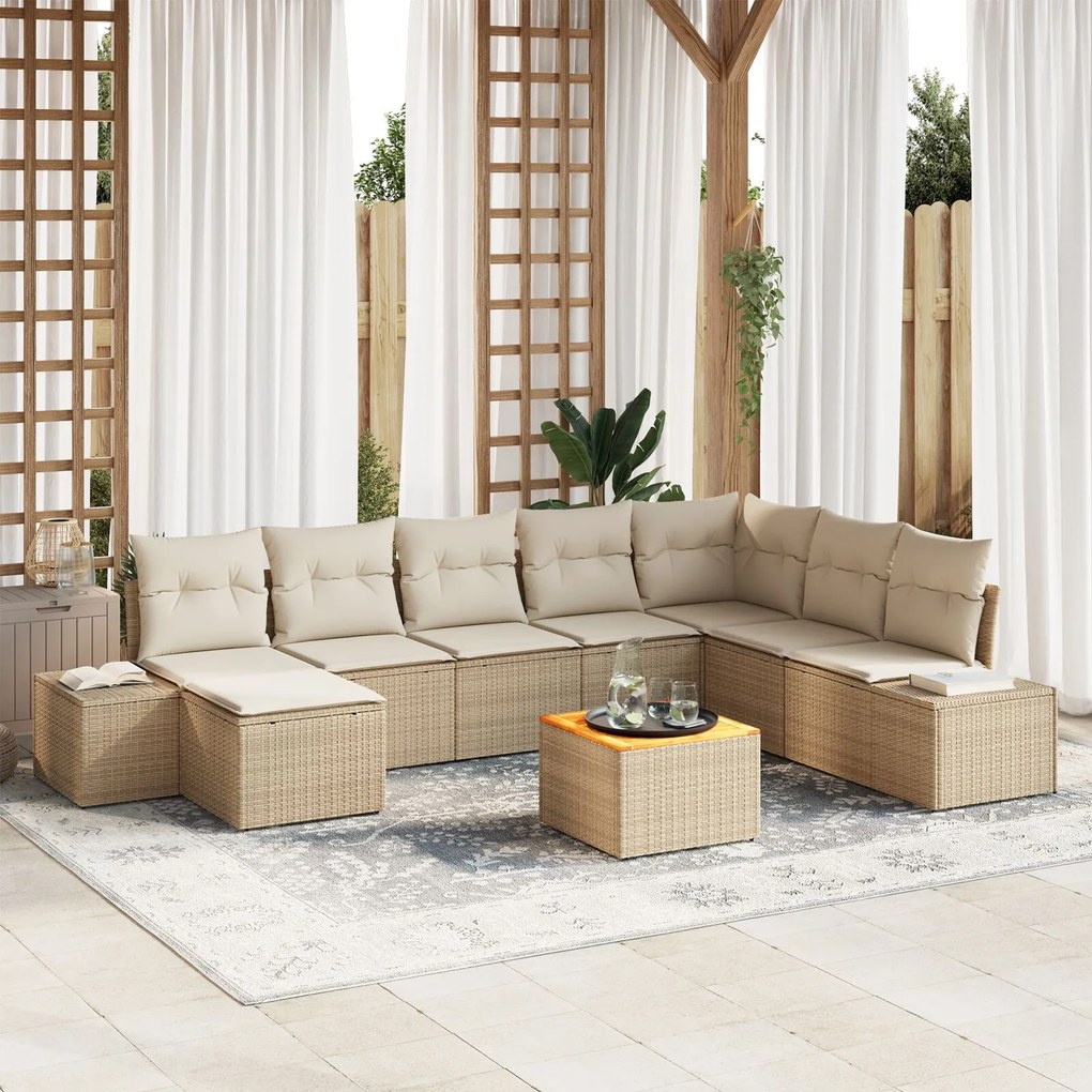vidaXL Set de Canapele de Grădină în 9 Piese cu Perne Bej din Rattan și Poliester