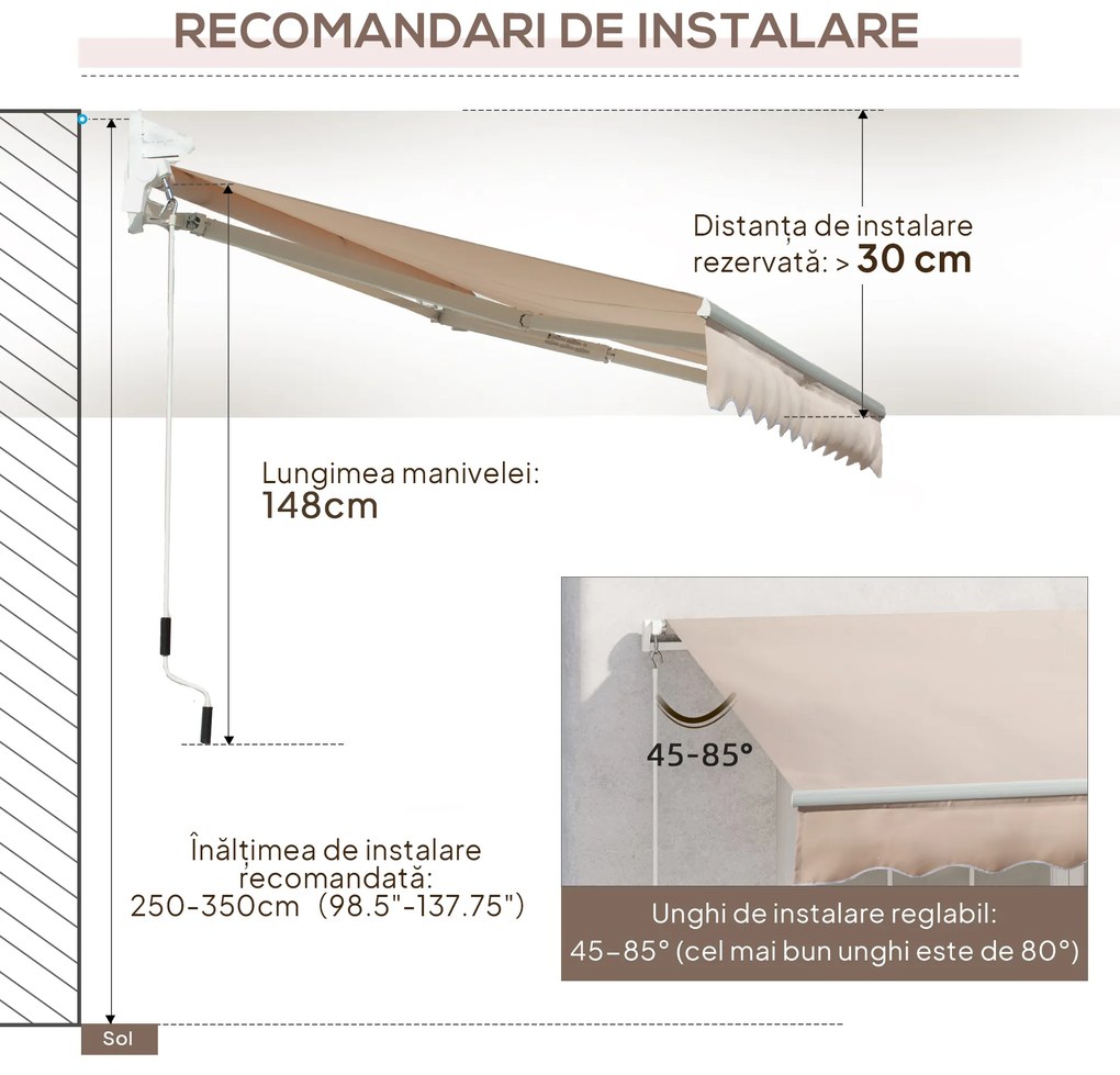 Outsunny Copertină Extensibilă pentru Exterior, Copertină Roll-Up cu Deschidere Manivelă, 295x200 cm, Bej | Aosom Romania