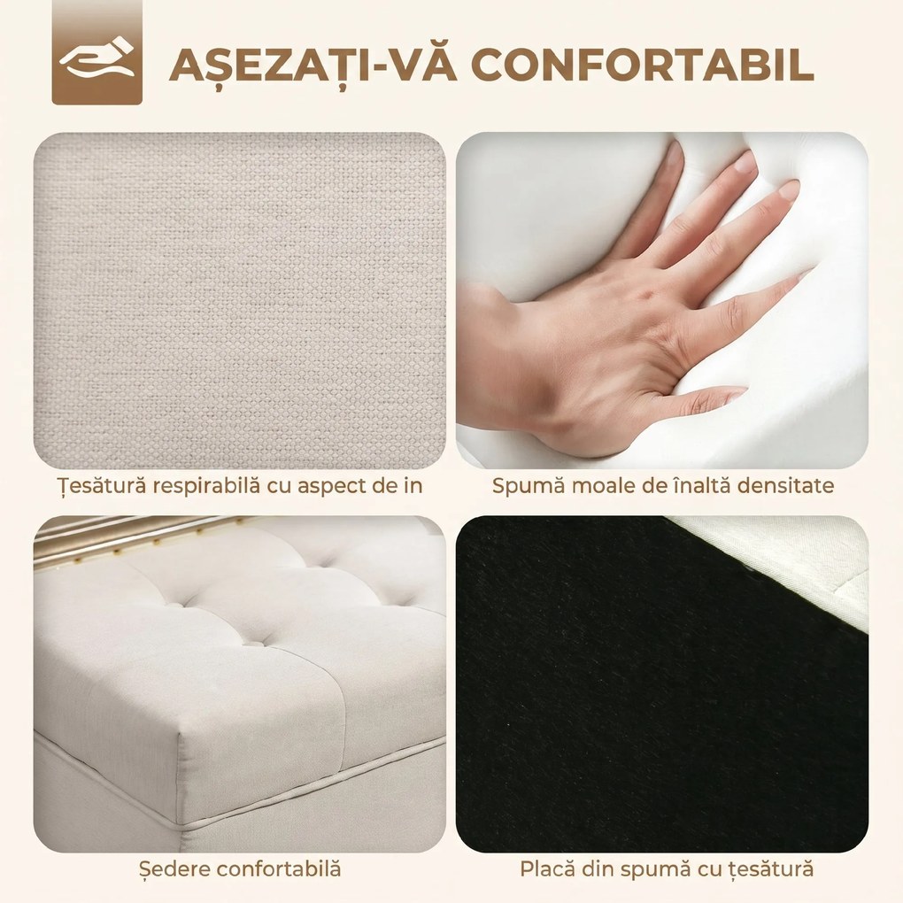 HOMCOM Taburet depozitare 80L, material textil, picioare lemn, 118x42x45 cm, crem | Aosom Romania