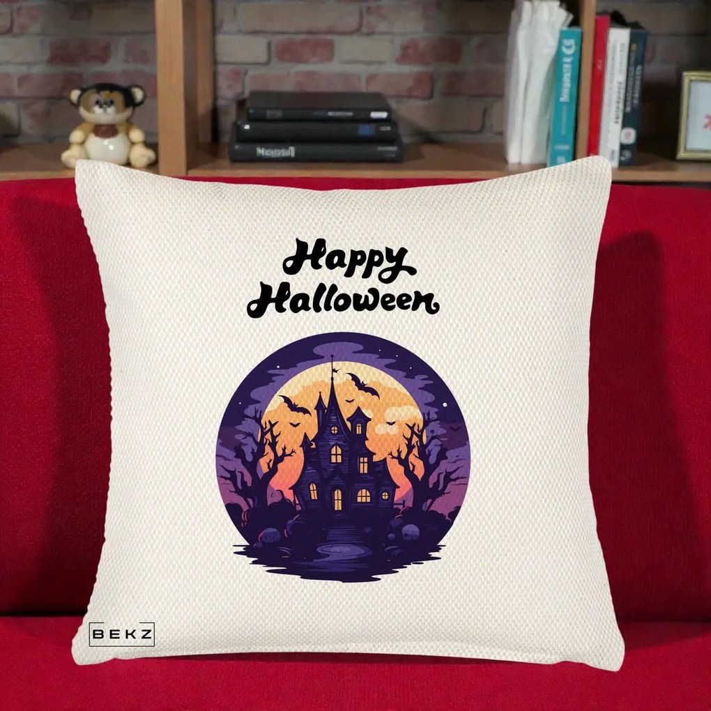 Perna Decorativa Happy Halloween Casa Bantuita Violet, 40x40 cm, Crem Reliefat, Husa Detasabila, Perna Inclusa, BEKZ®