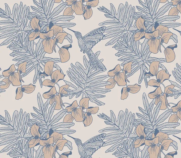 Tapet Hummingbird, Lagoon Blue Luxury Floral, 1838 Wallcoverings, 5.3mp / rola