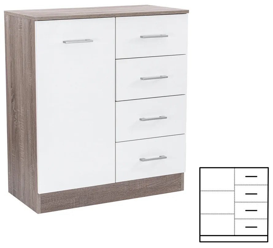 Comodă Miami cu 1 ușă și 4 sertare 80x92 cm alb-stejar York