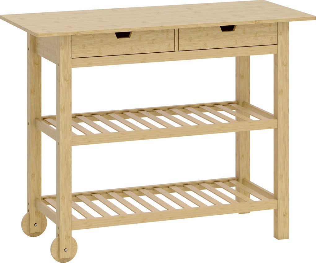 HOMCOM Cărucior de Bucătărie din Lemn de Bambus cu 2 Sertare, 2 Rafturi și 2 Roți, 100x43x75 cm, Lemn | Aosom Romania