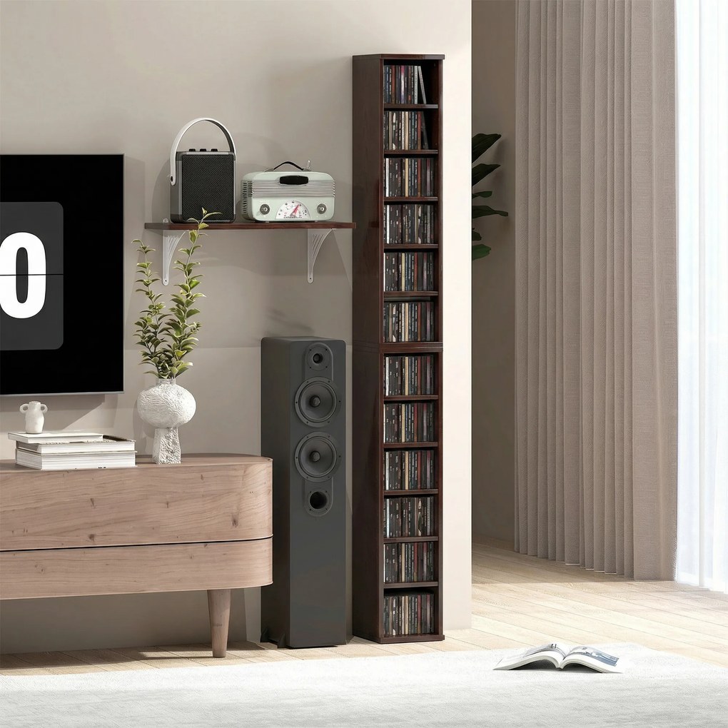 HOMCOM Set de 2 etajere coloane dulap de depozitare CD-DVD 12 compartimente 21 x 22,5 x 88,5 cm capacitate 204 CD-uri maro | Aosom Romania