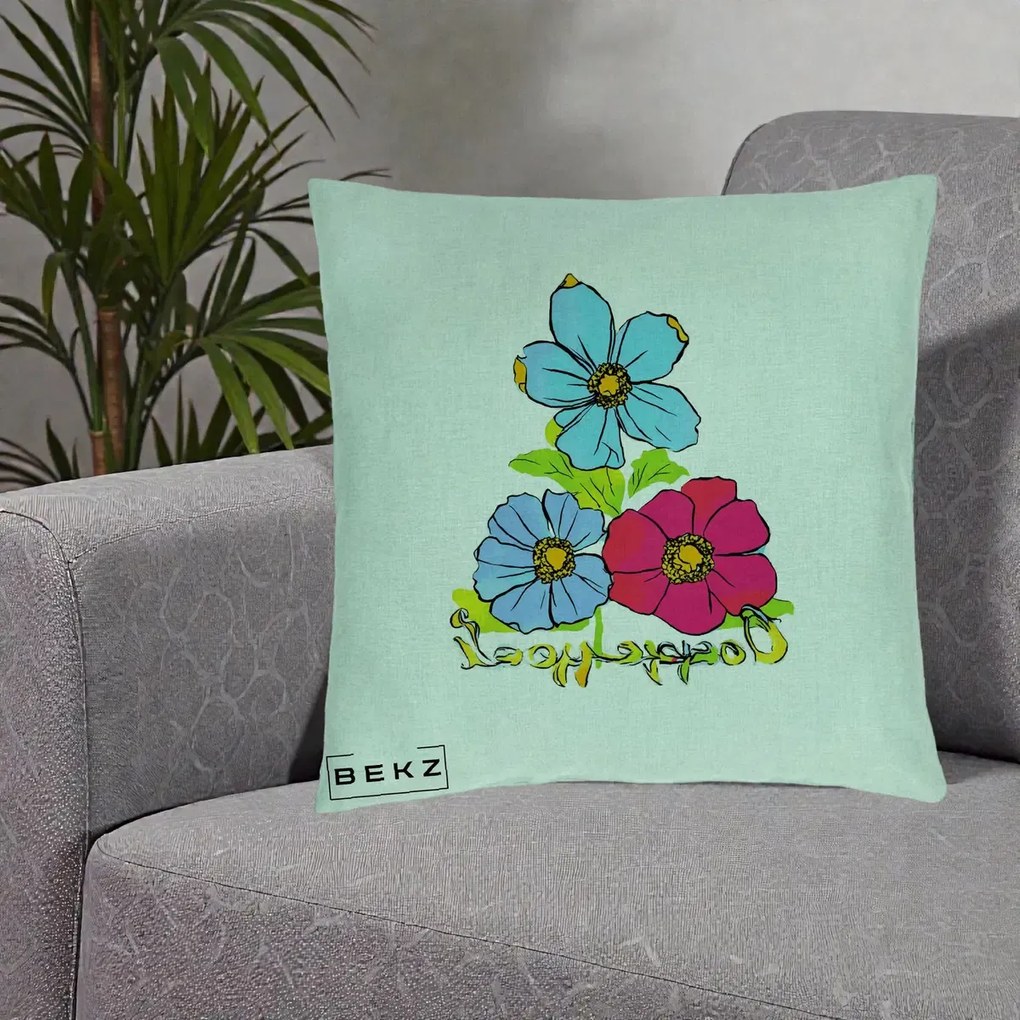 Perna Decorativa Trei Flori Grafice Pop Art, 40x40 cm, Verde Menta, Husa Detasabila, Perna Inclusa, BEKZ®