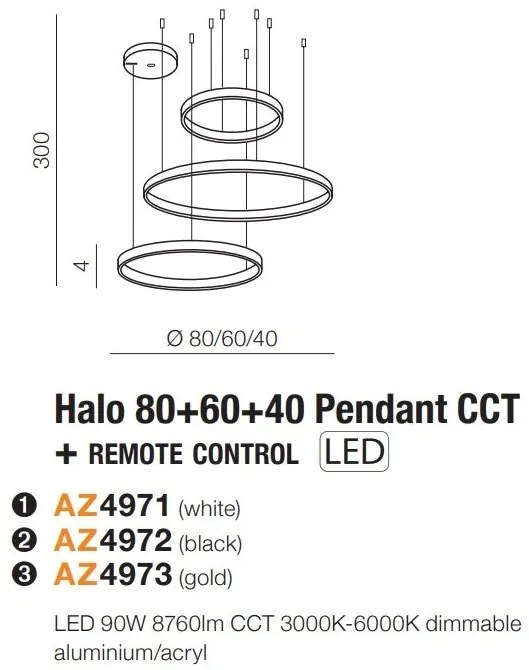 Lustra cu 3 inele LED si telecomanda HALO PENDANT GO 80+60+40 CCT