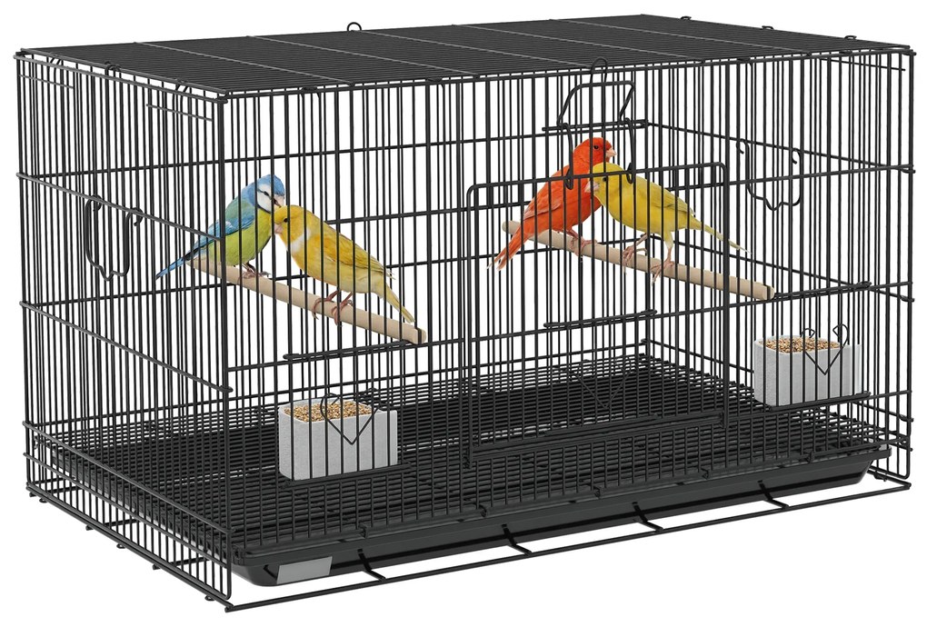 PawHut Colivie pentru Păsări 77x46x45 cm Colivie Metalică pentru Păsări cu Tavă Detașabilă 2 Bețe 2 Recipiente 2 Bețe Negru | Aosom Romania