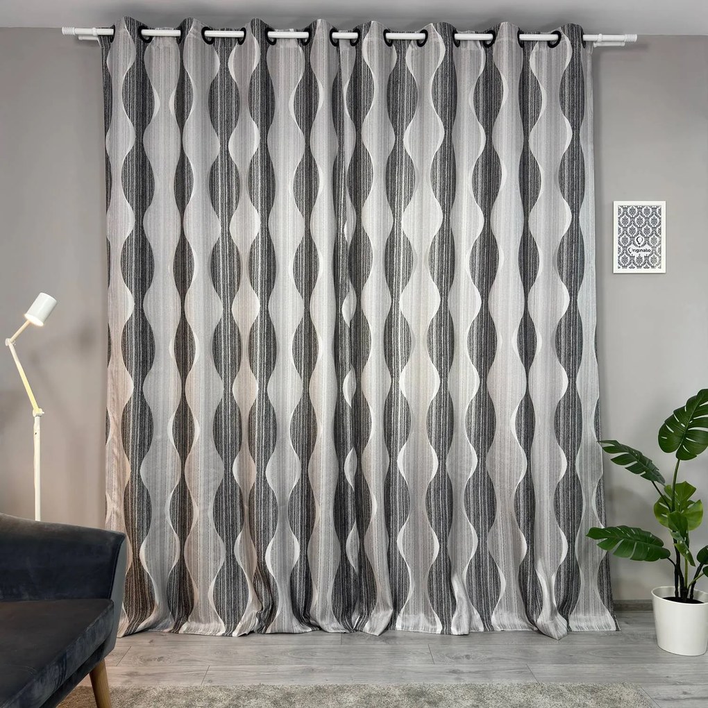 Set două Draperii (Blackout), din Jacquard + Stofă premium (Model texturat), Gata lucrate (Inele galerie), Culoare Gri + Negru, Dimensiuni draperie 160x260 cm (x2), Brand Originalio