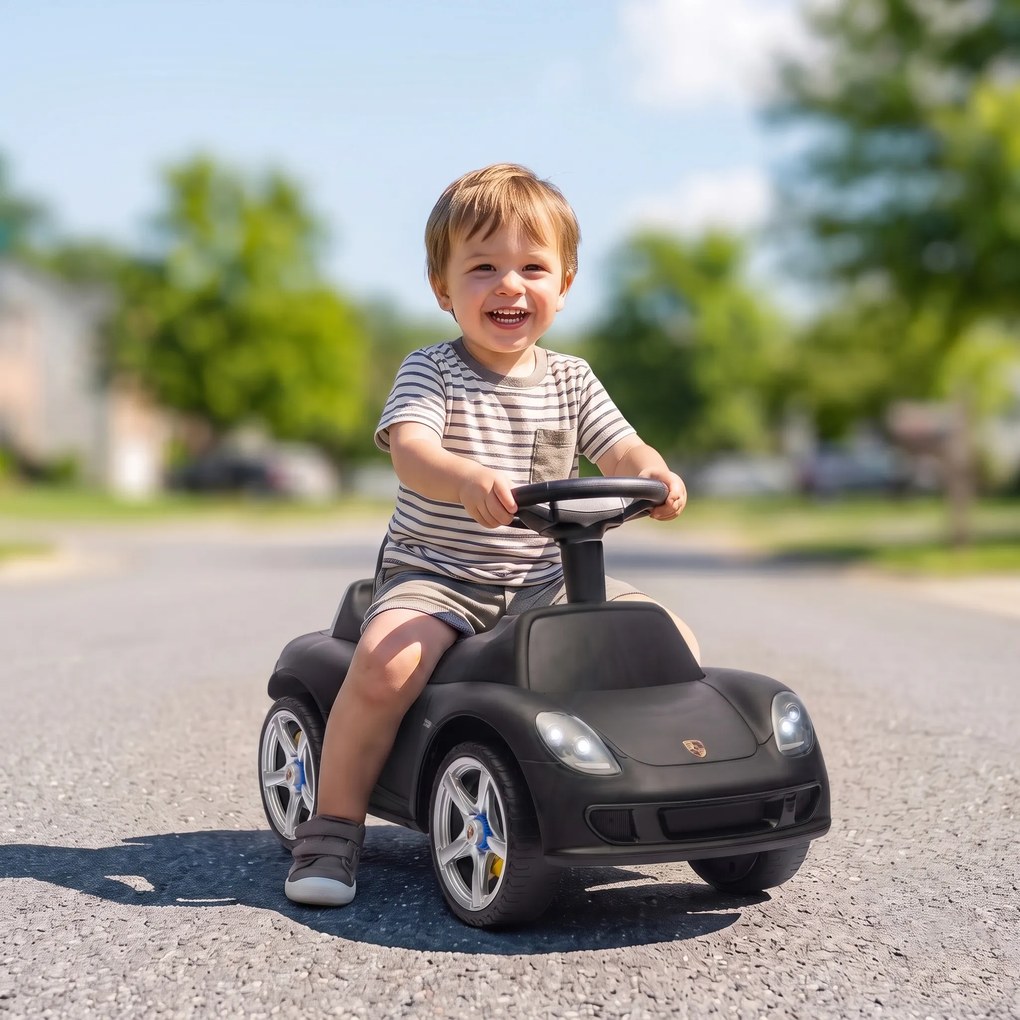 AIYAPLAY Mașinuță de Împins pentru Copii cu Licență Porsche, Claxon, Faruri și Sunet de Pornire, PP, Negru | Aosom Romania