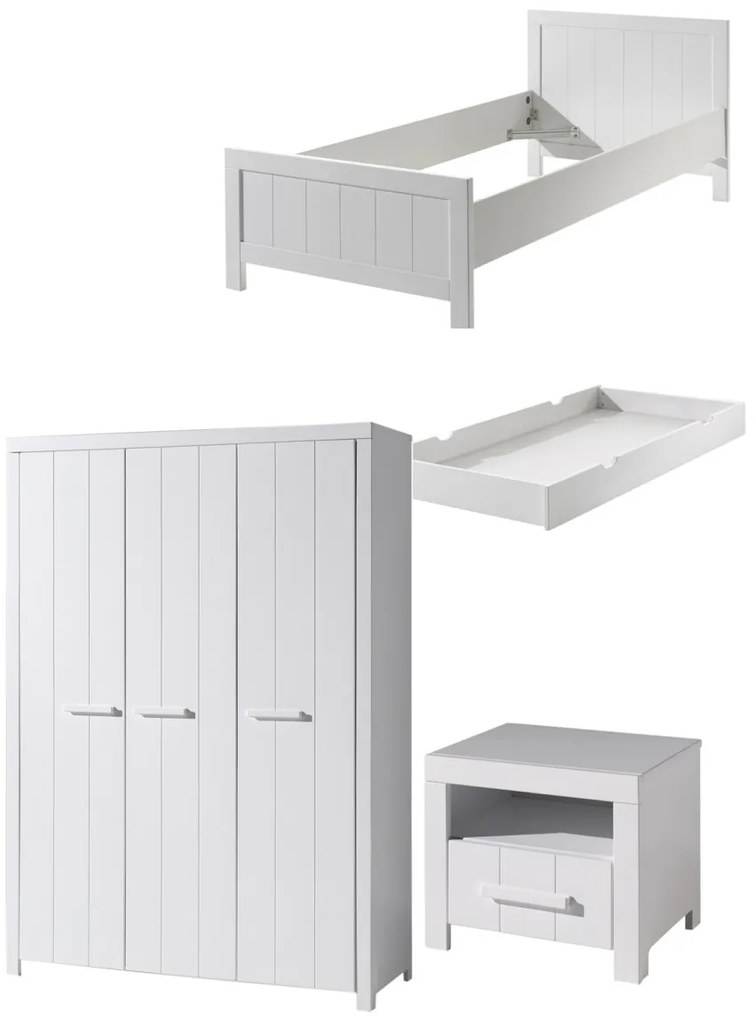 Set Mobilier Cameră Copii ERIK: Pat 90x200 cm, Dulap 3 Uși, Noptieră și Sertar, Alb – Vipack
