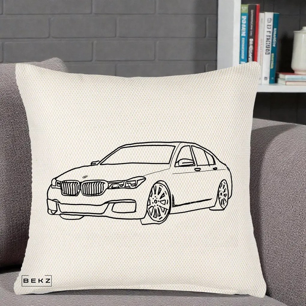 Perna Personalizata BMW Seria 7 Linie Minimalista, 40x40 cm, Crem Reliefat, Husa Detasabila, Perna Inclusa, BEKZ®