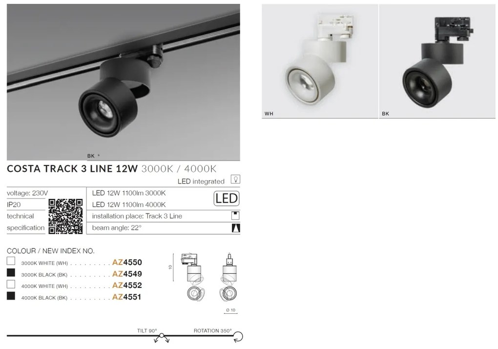 Spot LED directionabil pe sina Costa TRACK 3Line 12W 4000K alb
