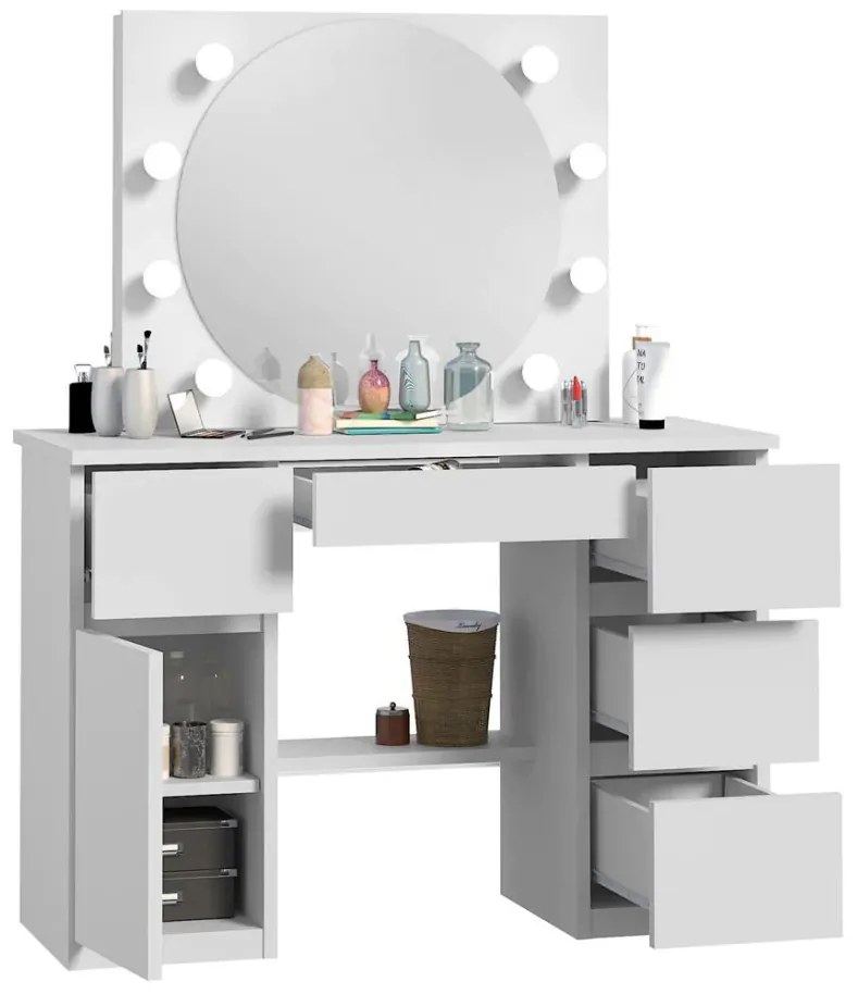 SEA545 - Set Masa toaleta, 120 cm, moderna cosmetica machiaj oglinda, masuta vanity, oglinda 8 LED, cu sau fara Priza, cu sau fara scaun - Alb