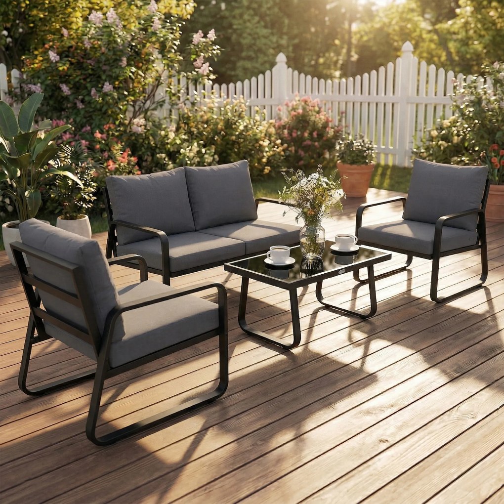 Outsunny Set mobilier de grădină 4 piese cu perne detașabile foarte groase 10 cm masă de cafea din sticlă securizată Negru | Aosom Romania