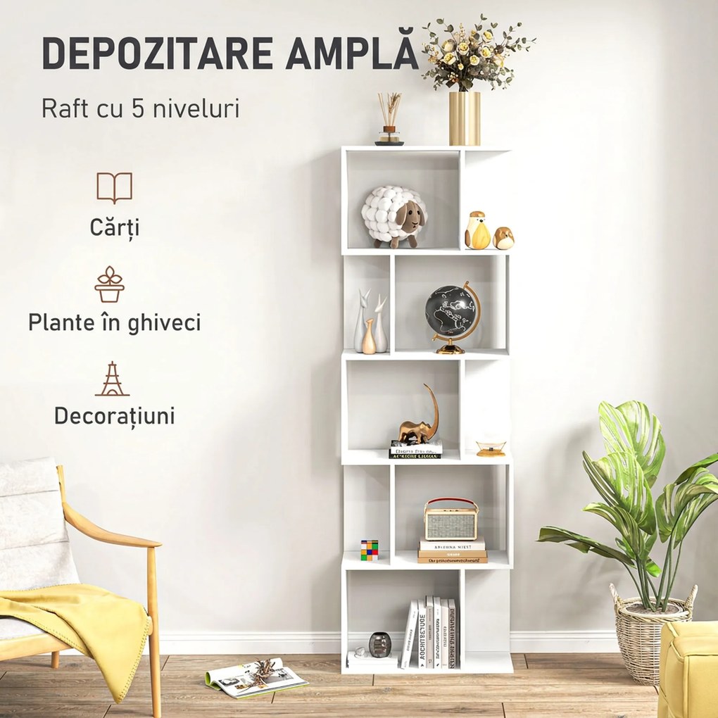 HOMCOM Raft pentru Cărți cu 5 Rafturi Separate, Bibliotecă în Formă de S din Lemn, 60x24x184,5 cm, Alb | Aosom Romania