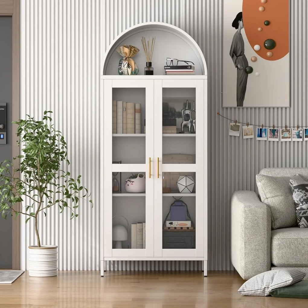 DUA205 - Vitrina 80 cm, Dulap rotund pentru birou, Biblioteca Living, Rafturi Dormitor, Dining, Hol - Alb