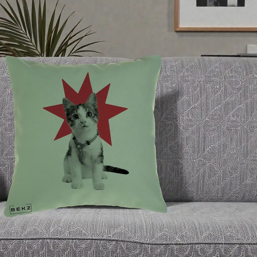 Perna decorativa Pisica Star Pop Art, 40x40 cm cu Umplutura, Verde, BEKZ