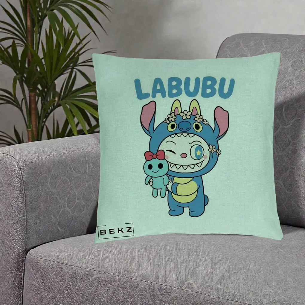 Perna Personalizata Labubu x Stitch cu Flori, 40x40 cm, Verde Menta, Husa Detasabila, Perna Inclusa, BEKZ®