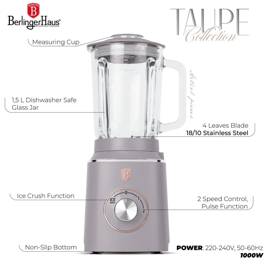 Blender de masa cu borcan de sticla de 1,5 L Taupe Berlinger Haus BH 9496