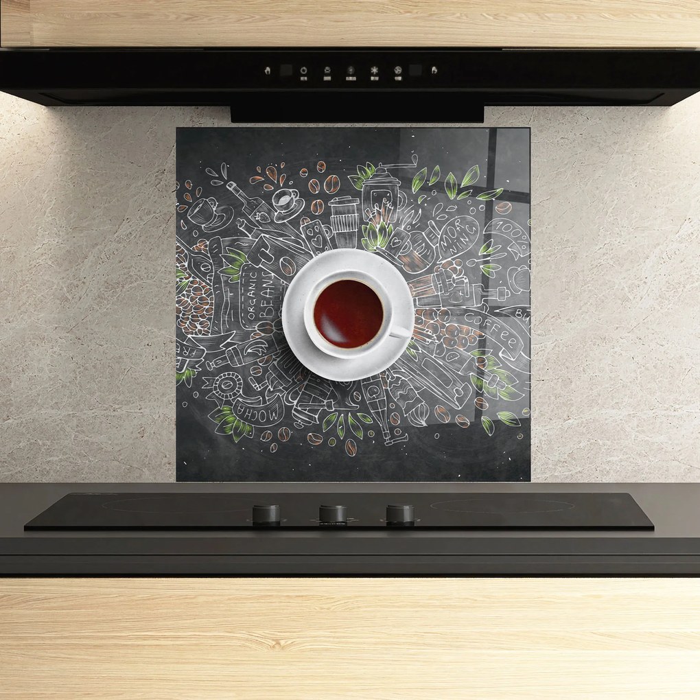 Panou Sticla Bucatarie, 100x100cm, Protectie aragaz, Antistropi, Termorezistent, Alimente, Cafea, Black Board Coffee