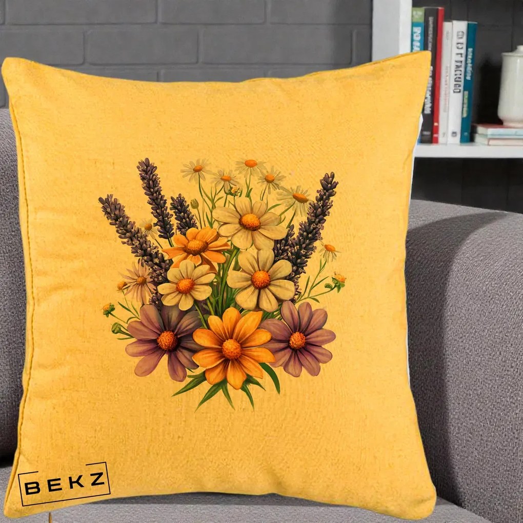 Perna Decorativa Lavanda Musetel si Flori Mov, 40x40 cm, Galben, Husa Detasabila, Perna Inclusa, BEKZ®