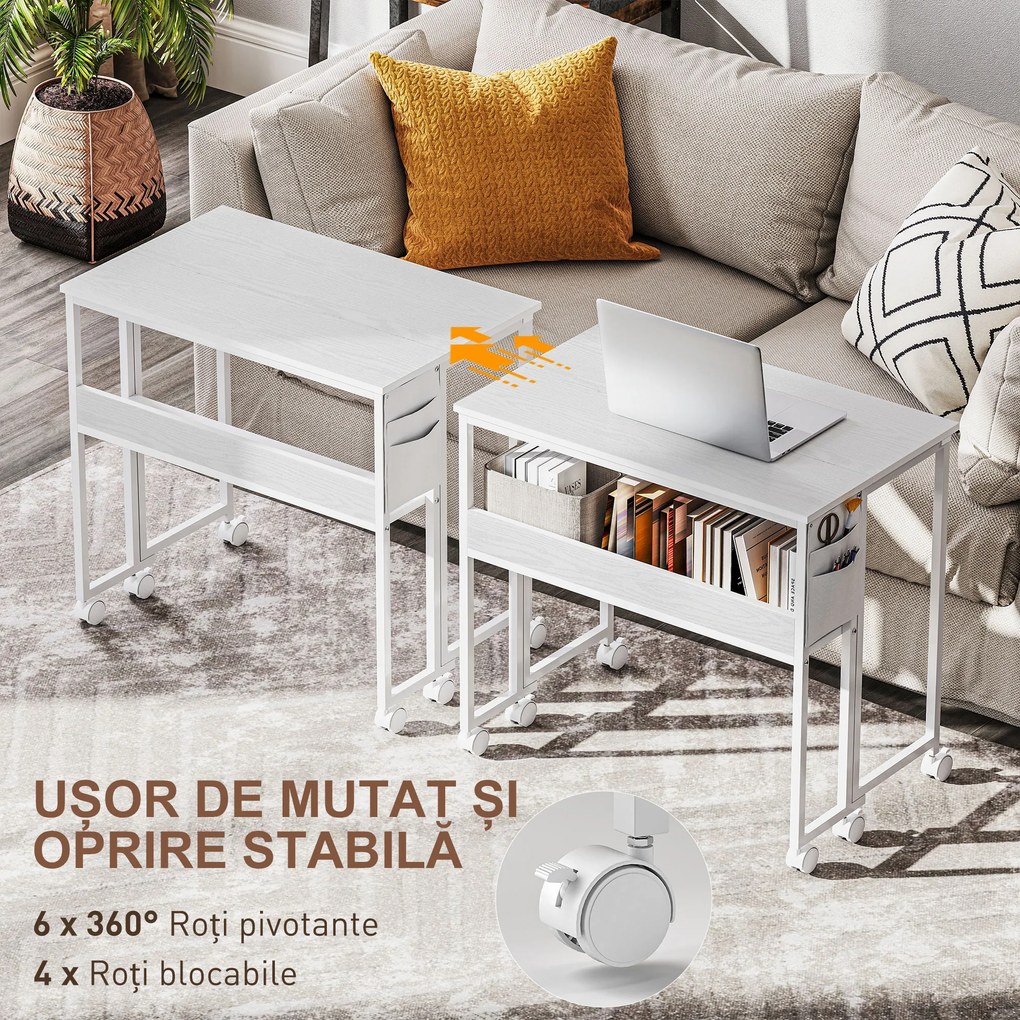 HOMCOM Birou pliabil 80cm, raft, roți, alb | Aosom Romania