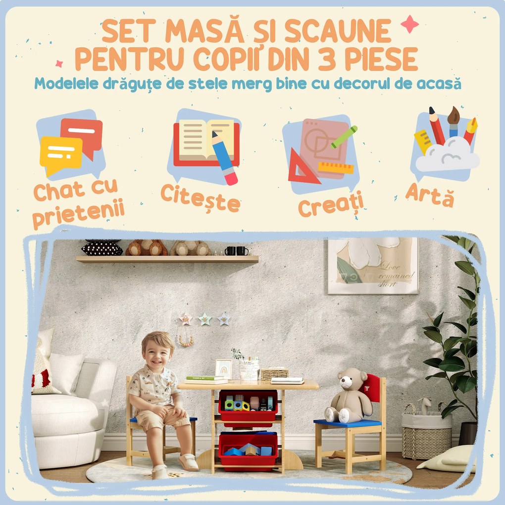 AIYAPLAY Set Masă și Scaune pentru Copii 3-7 Ani, cu 2 Scaune și 4 Compartimente de Depozitare, 77x57x50 cm, Lemn Natural | Aosom Romania