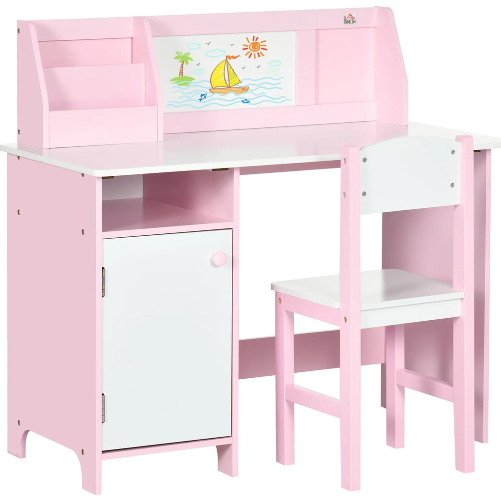 HOMCOM Set Masă și Scaune pentru Copii 5-8 Ani cu Spațiu de Depozitare, Tablă și Scaun, 90x45x85 cm, Roz | Aosom Romania