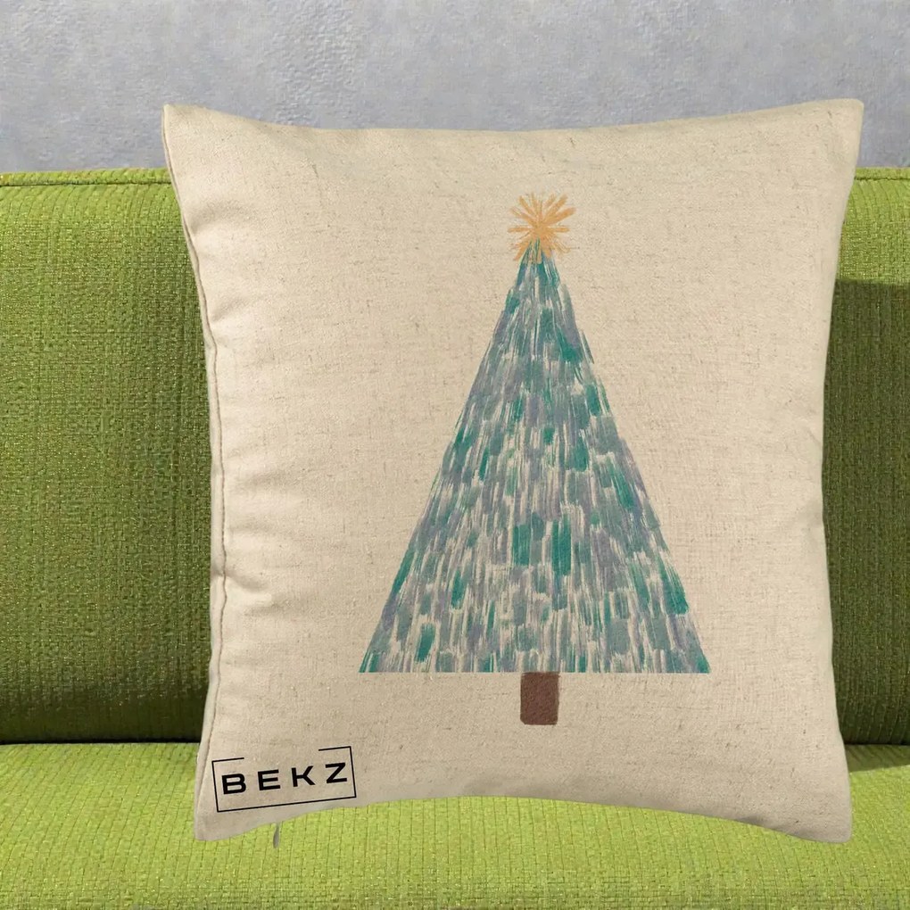 Perna Decorativa Brad de Craciun Acrilic Albastru, 40x40 cm, Bej, Husa Detasabila, Perna Inclusa, BEKZ®