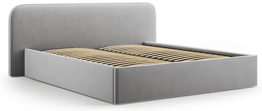 Pat matrimonial gri deschis tapițat cu spațiu de depozitare cu somieră 140x200 cm Elizabeth – Micadoni