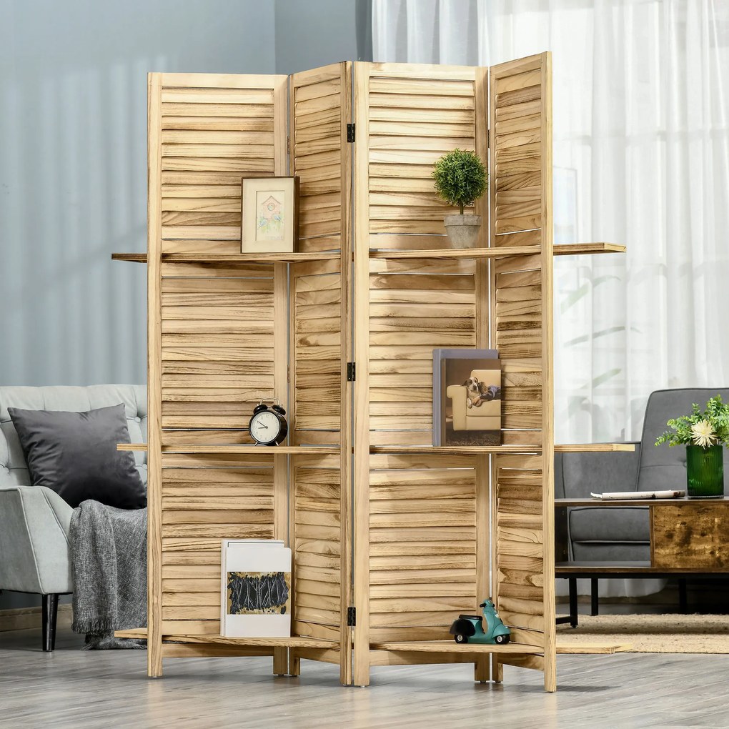 HOMCOM Paravan separator interior pliabil cu 4 panouri și rafturi din lemn de paulownia, 162x170 cm, Lemn | Aosom Romania