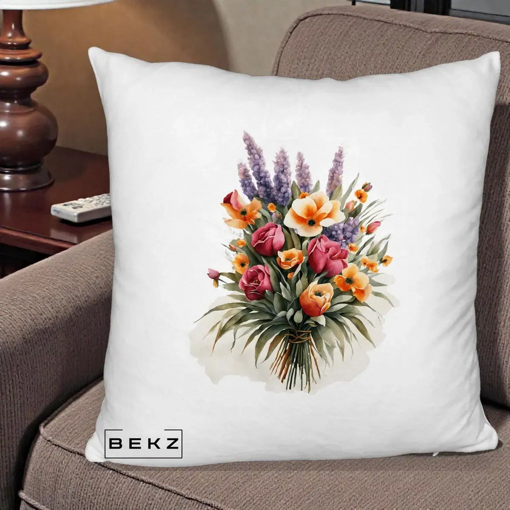 Perna Decorativa Buchet Mixt Acuarela Lavanda-Trandafiri, 40x40 cm, Alb Pufos, Husa Detasabila, Perna Inclusa, BEKZ®