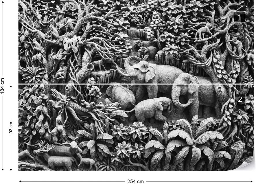 GLIX Fototapet - 3D Carved Wood Jungle Elephants Black And White Vliesová tapeta  - 254x184 cm