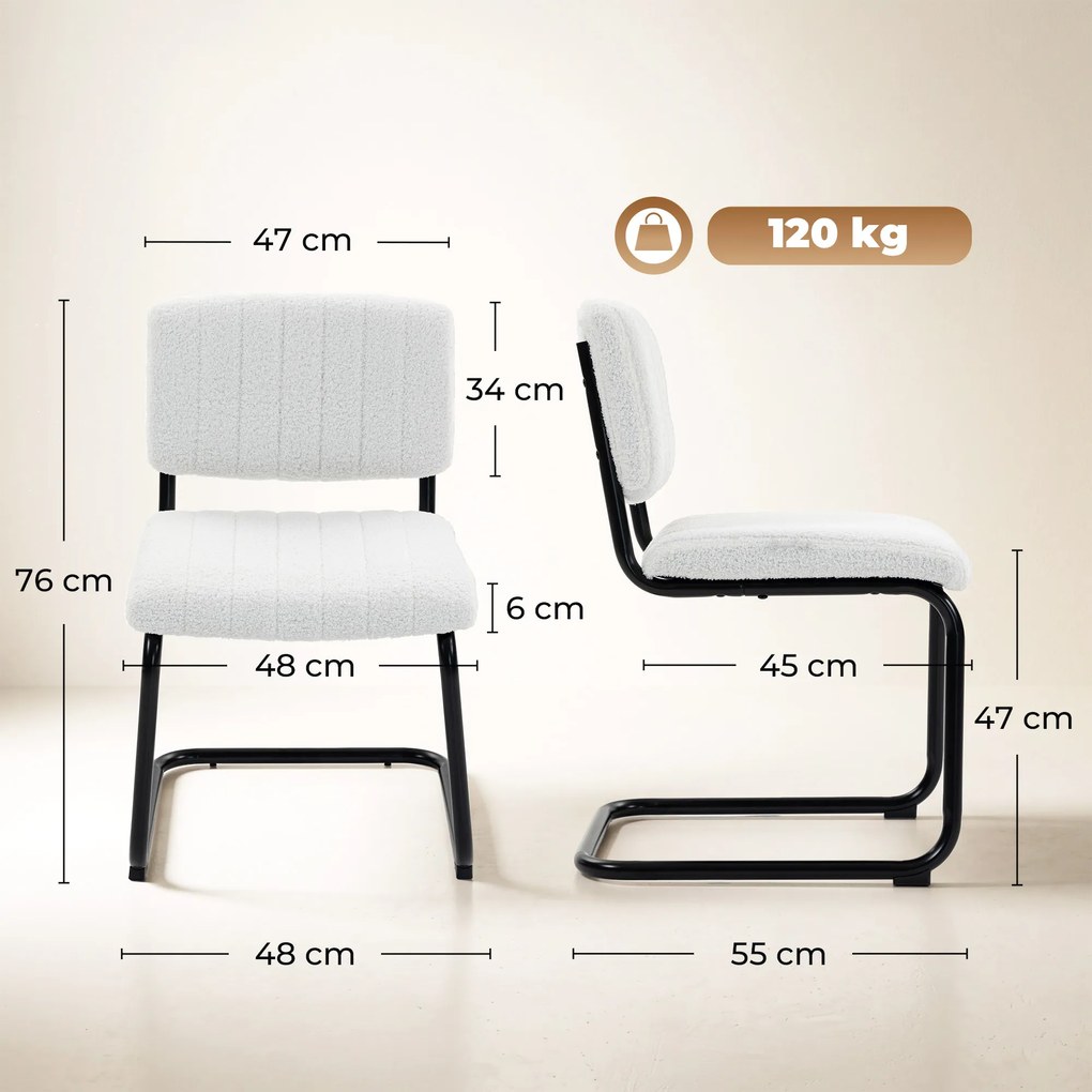 HOMCOM Set 2 Scaune de Dining Tapițate din Țesătură Teddy, Cadru Metalic Tip Sanie, Alb Crem | Aosom Romania