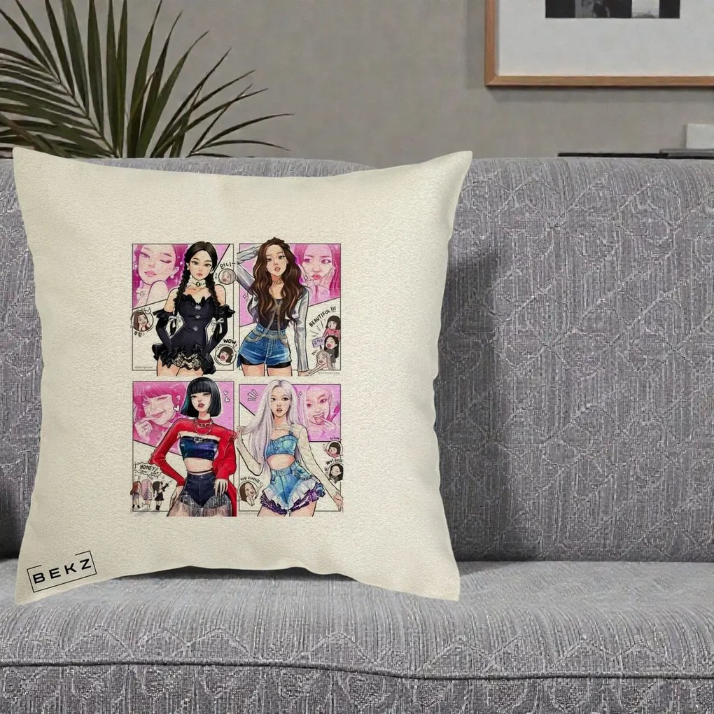 Perna Personalizata K-pop BLACKPINK Fanart Manga Benzi Desenate 4 Membre, 40x40 cm, Ecru, Husa Detasabila, Perna Inclusa, BEKZ®