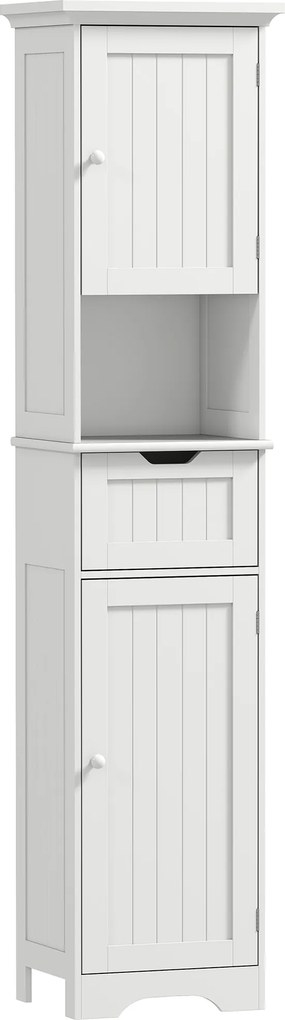 HOMCOM Dulap Vertical pentru Baie Slim cu 2 Dulapuri cu Uși, LED cu Senzor, Economisitor de Spațiu, Raft Deschis, Sertar, Picioare Reglabile, Modern, 40x30x170 cm, Alb | Aosom Romania