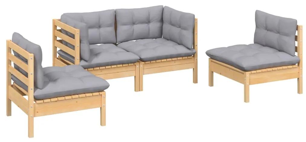 Set mobilier de gradina cu perne, 4 piese, gri, lemn masiv pin Maro  si gri, 1