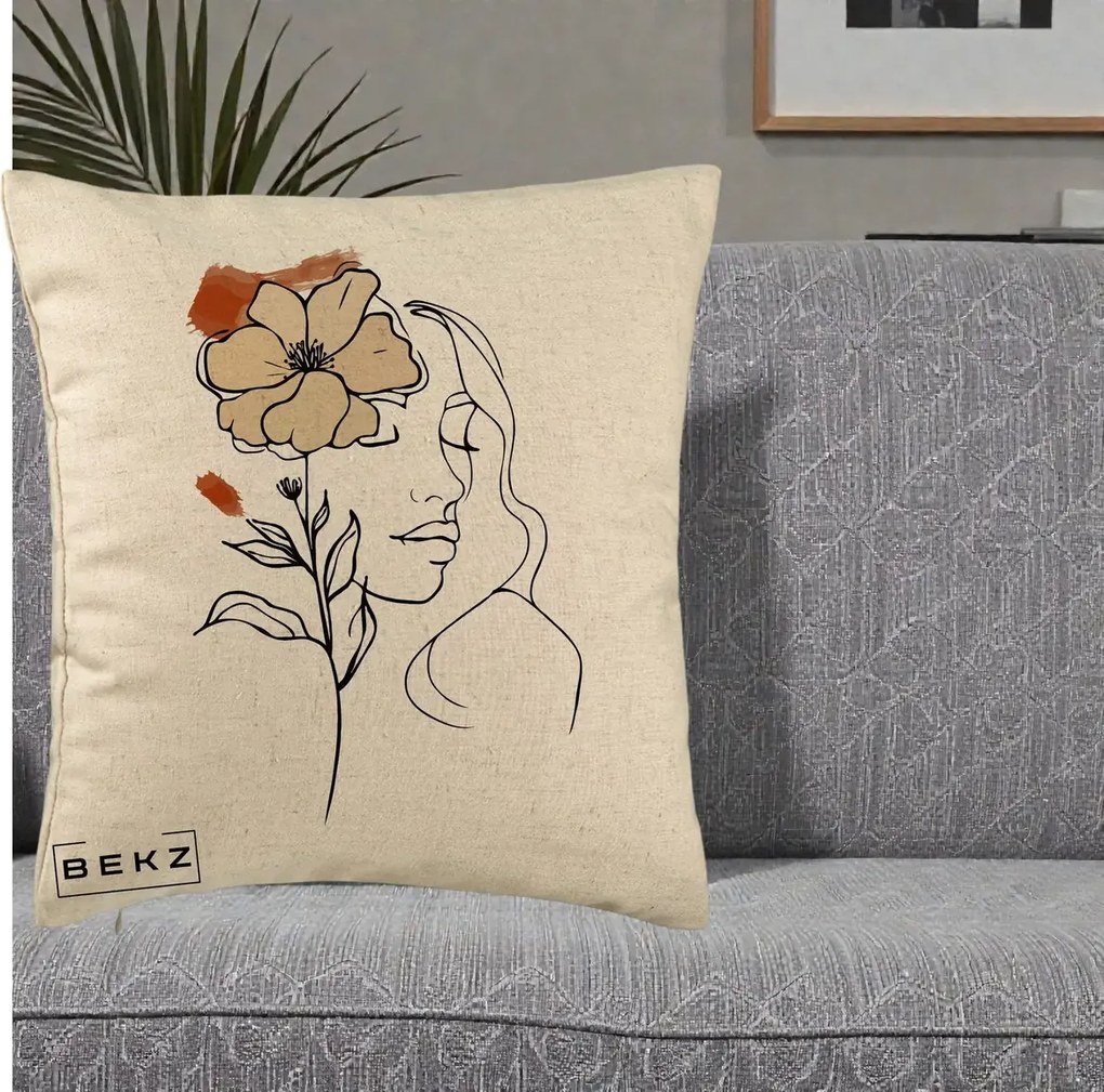 Perna Decorativa Portret Feminin Floare Bej Terracotta, 40x40 cm, Bej, Husa Detasabila, Perna Inclusa, BEKZ®