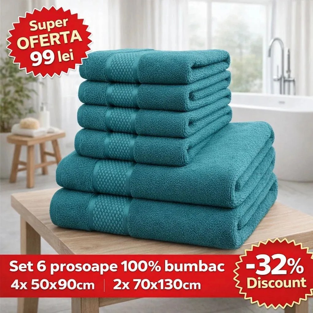 Set 6 Prosoape ROYAL Premium – 100% Bumbac Pieptănat, 550 g/mp, Ultra-Absorbante și Pufoase