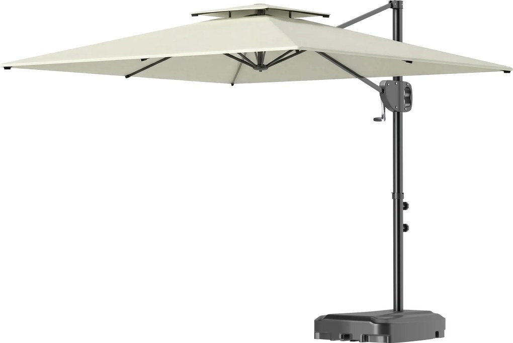 Outsunny Umbrelă cu braț lateral pătrată 2,5 x 2,5 m, umbrelă pentru grădină exterioară, dublă ventilare, înclinabilă, 2 baze, manivelă, Crem | Aosom Romania