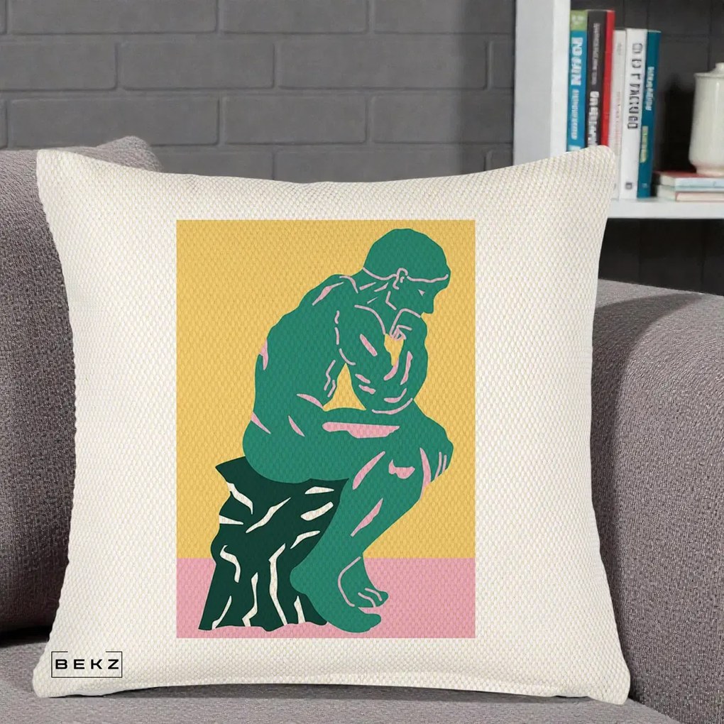 Perna Decorativa Ganditorul Sculptura Pop Art, 40x40 cm, Crem Reliefat, Husa Detasabila, Perna Inclusa, BEKZ®