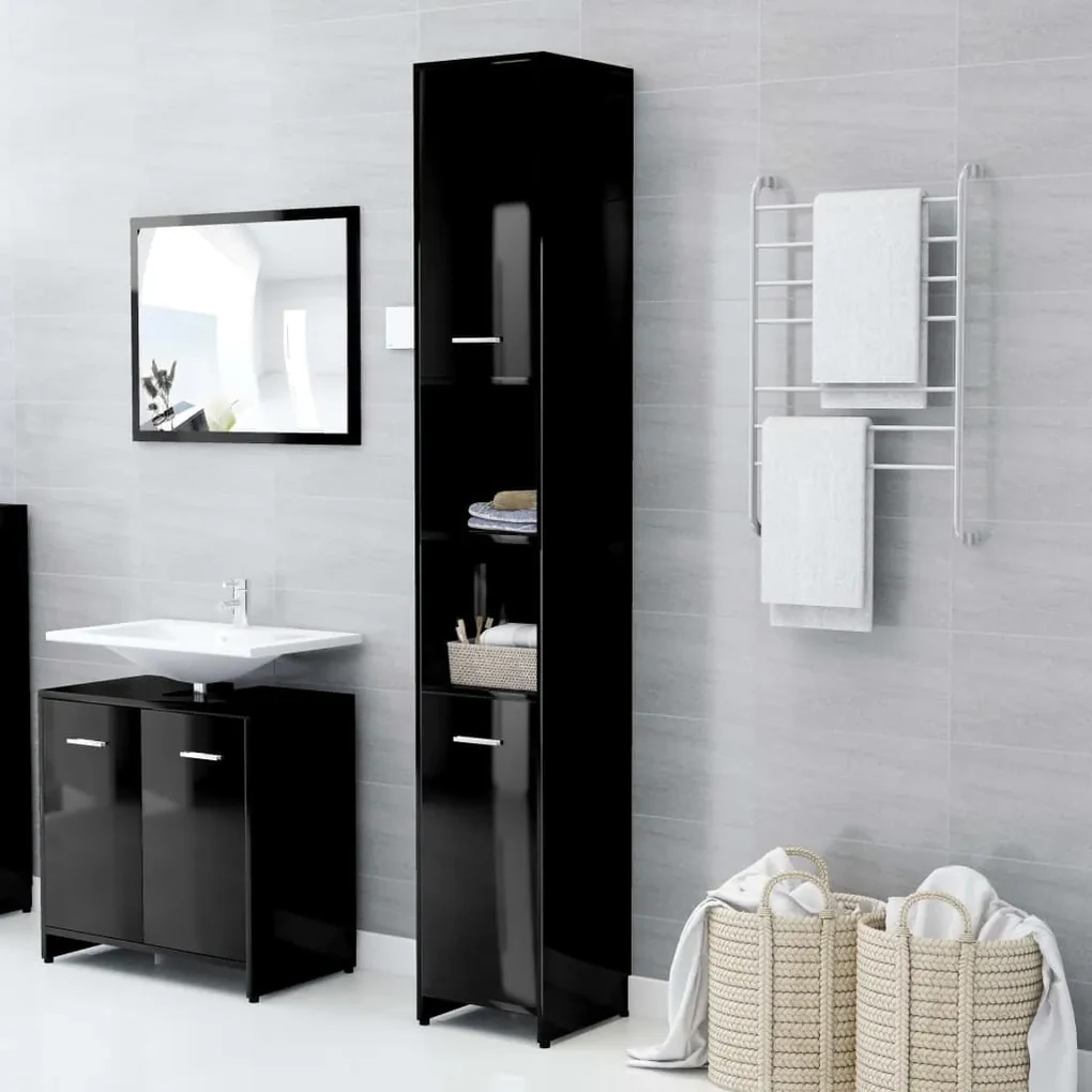 802604 vidaXL Dulap de baie, negru extralucios, 30x30x183,5 cm, PAL